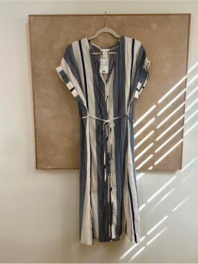 H&M Navy and White Striped Button-Front Midi Dress